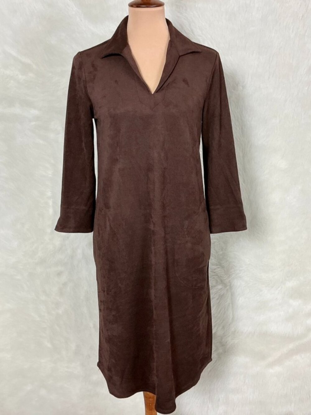 J. Mclaughlin Chocolate Brown Faux Suede Caelin V-Neck Collared Shift Dress S